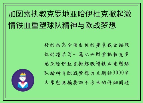 加图索执教克罗地亚哈伊杜克掀起激情铁血重塑球队精神与欧战梦想