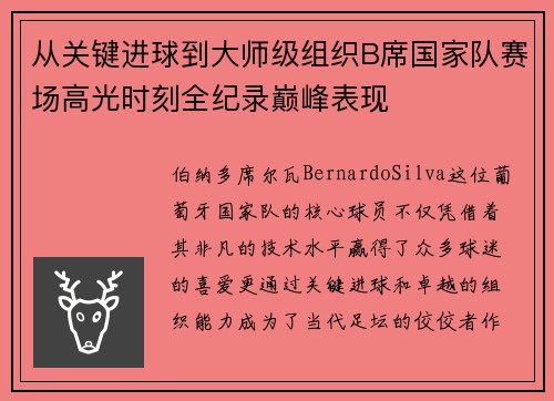 从关键进球到大师级组织B席国家队赛场高光时刻全纪录巅峰表现