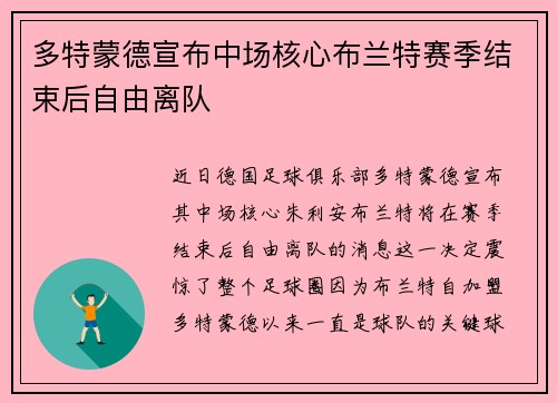 多特蒙德宣布中场核心布兰特赛季结束后自由离队